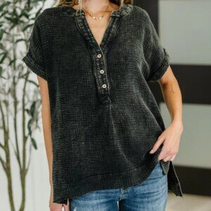 Ash Black V-Neck Acid Wash Top